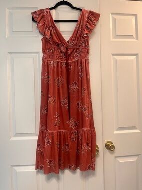 Francesca's Collections Rust Floral Ruffle Midi Dress S